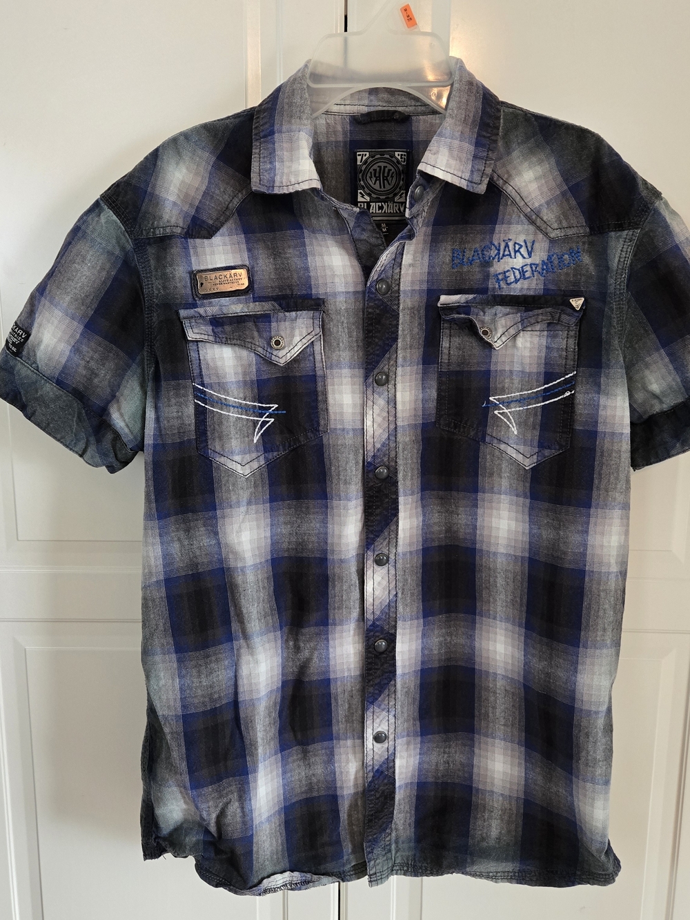 Men's Blue Plaid Short-Sleeve Button-Front Shirt